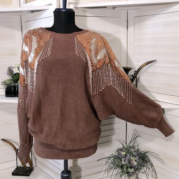 Vintage 80s 90s dolman sleeves beaded chocolate brown cotton tunic sweater sz L - Picture 2 of 9